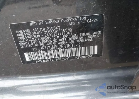 2024 Subaru Impreza из США, поврежденный, VIN JF1GUABC0R8369123